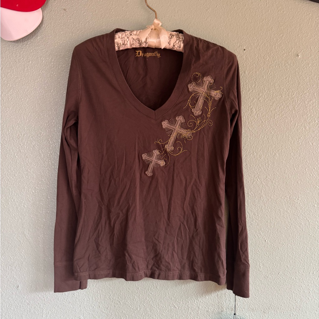 Dragonfly Worth Brown Long Sleeve Top With Cross Design